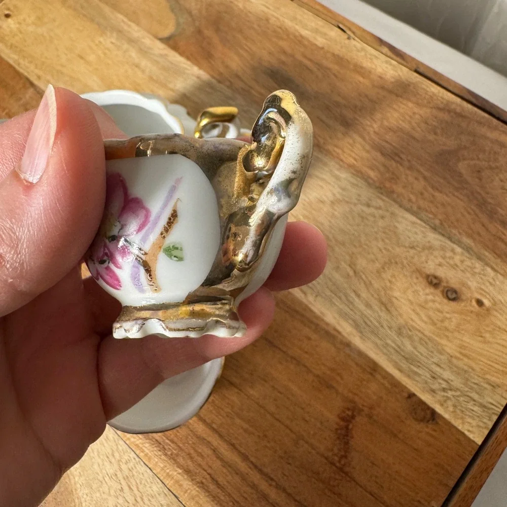 Miniature Porcelain Tea Set Creamer Teacups White Pink Gold Floral Vintage 3pc